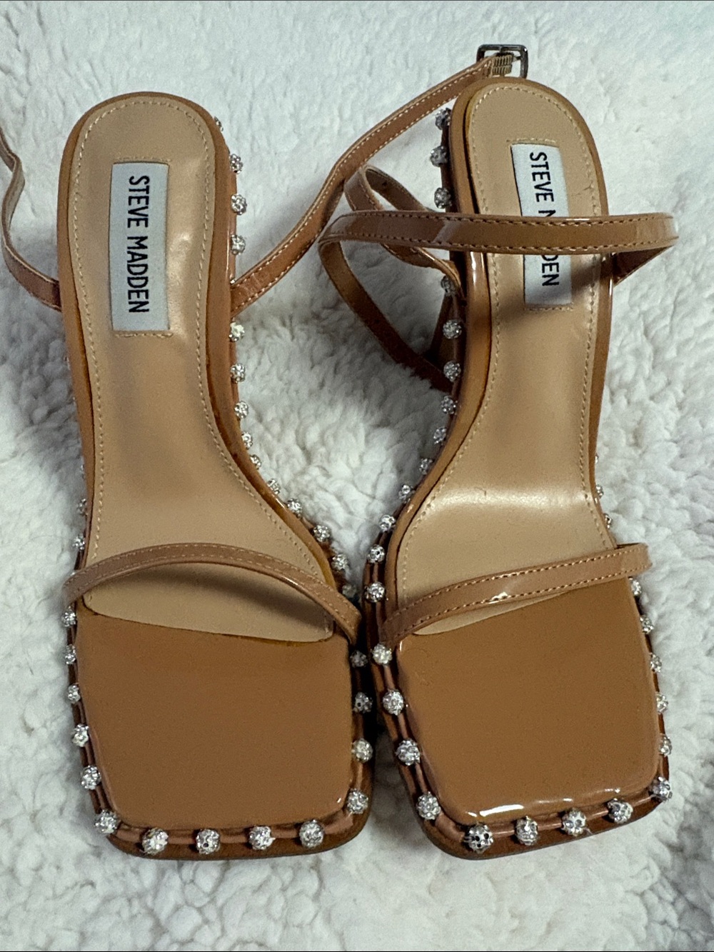 Steve Madden Tan Crystal-Embellished Square Toe Sandals